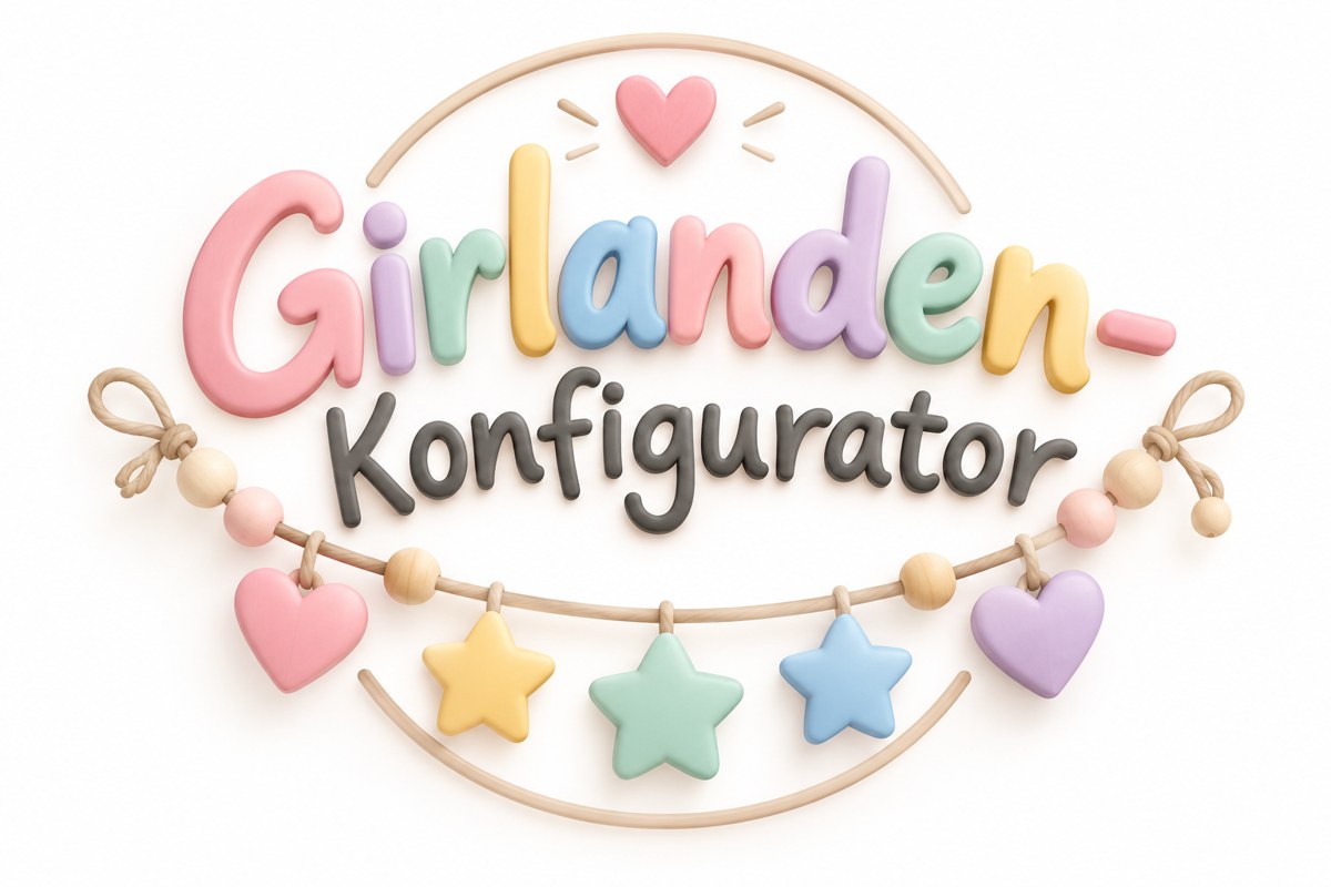 Logo des Girlanden-Konfigurators mit bunten Buchstaben, Herzen und Sternen an einer Holzperlen-Girlande